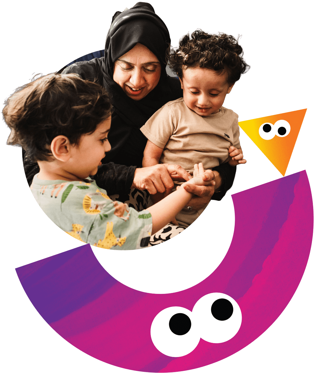A grandmother plays with her grandchildren.
