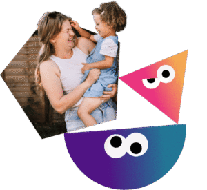 Shape and photo of a parent sharing a playful moment with their toddler daughter.