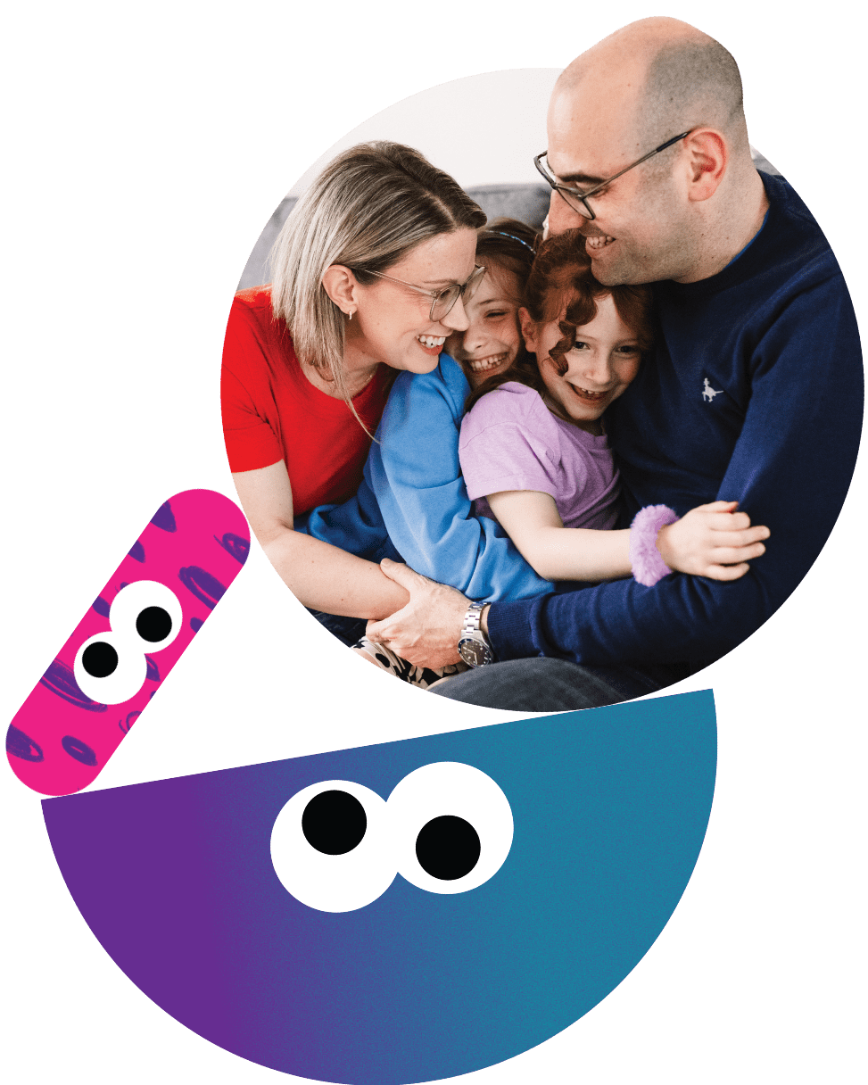 Shape and photo of parents coddling 2 children illustration.