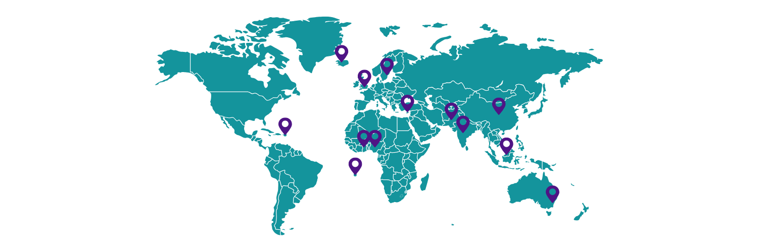 A world map with pins marking the locations of licenced centres.