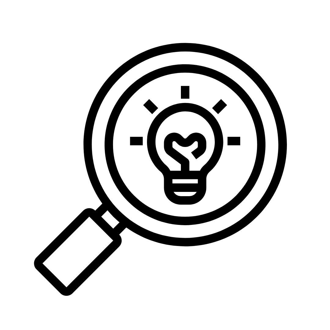 An icon of a magnifying glass and light bulb.